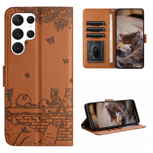 

For Samsung Galaxy S22 Ultra Cat Embossing Pattern Leather Phone Case with Lanyard(Brown)