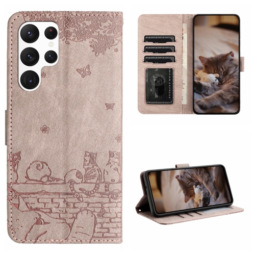 

For Samsung Galaxy S22 Ultra Cat Embossing Pattern Leather Phone Case with Lanyard(Grey)