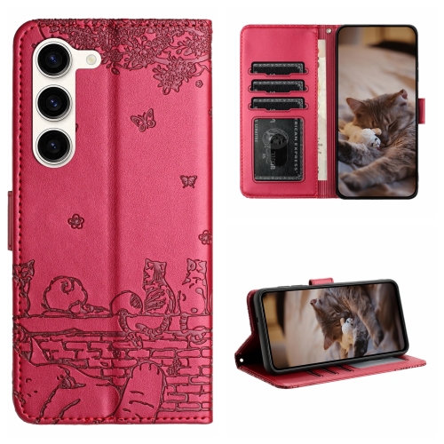 

For Samsung Galaxy S23 Cat Embossing Pattern Leather Phone Case with Lanyard(Red)