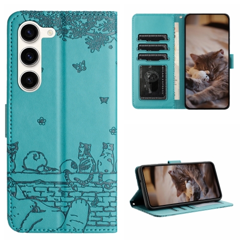 

For Samsung Galaxy S23 Cat Embossing Pattern Leather Phone Case with Lanyard(Blue)