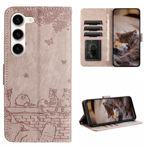 

For Samsung Galaxy S23+ Cat Embossing Pattern Leather Phone Case with Lanyard(Grey)