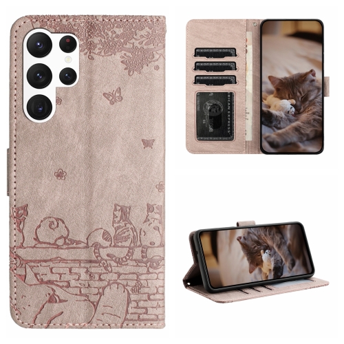 

For Samsung Galaxy S23 Ultra Cat Embossing Pattern Leather Phone Case with Lanyard(Grey)