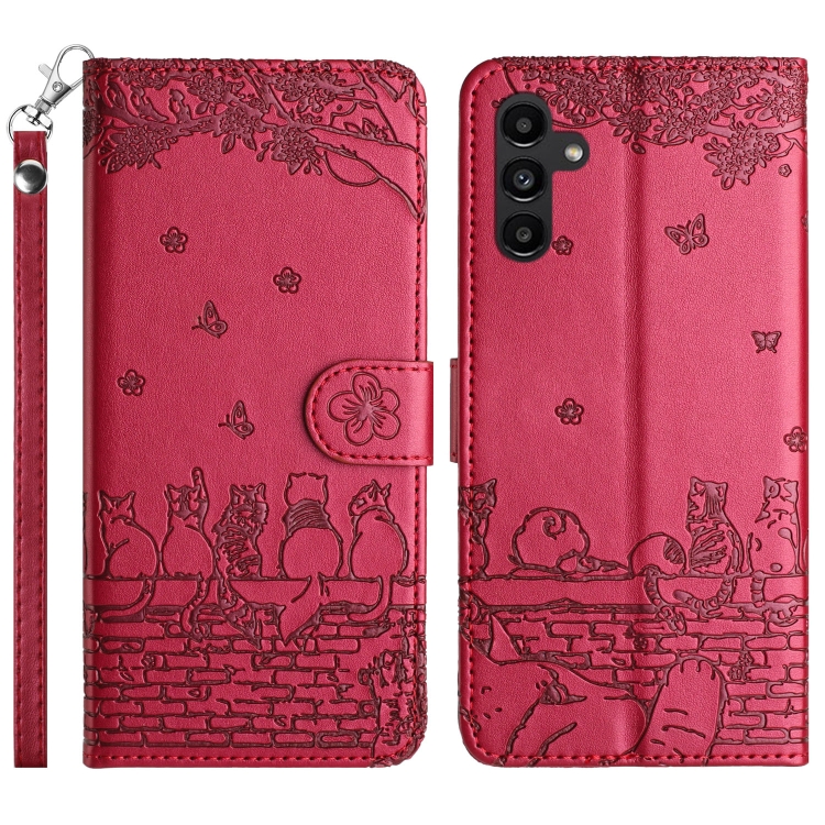 

For Samsung Galaxy A05s Cat Embossing Pattern Leather Phone Case with Lanyard(Red)