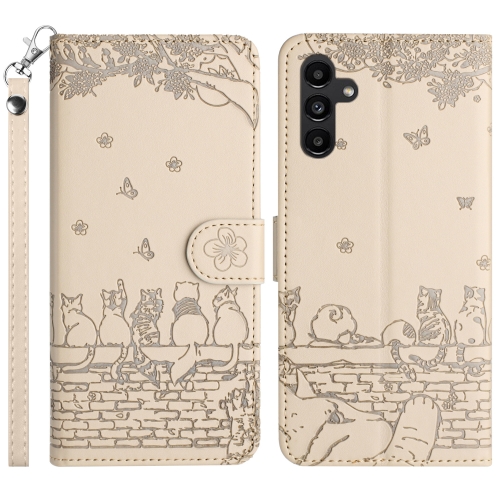 

For Samsung Galaxy S24 Cat Embossing Pattern Leather Phone Case with Lanyard(Beige)