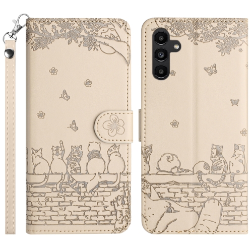 

For Samsung Galaxy S24+ Cat Embossing Pattern Leather Phone Case with Lanyard(Beige)