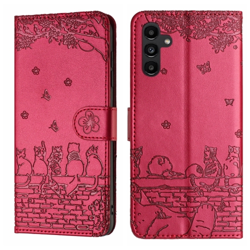 

For Samsung Galaxy A15 Cat Embossing Pattern Leather Phone Case with Lanyard(Red)