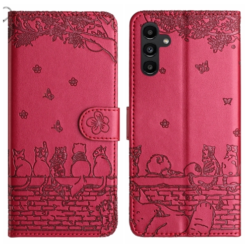 

For Samsung Galaxy A15 5G Cat Embossing Pattern Leather Phone Case with Lanyard(Red)