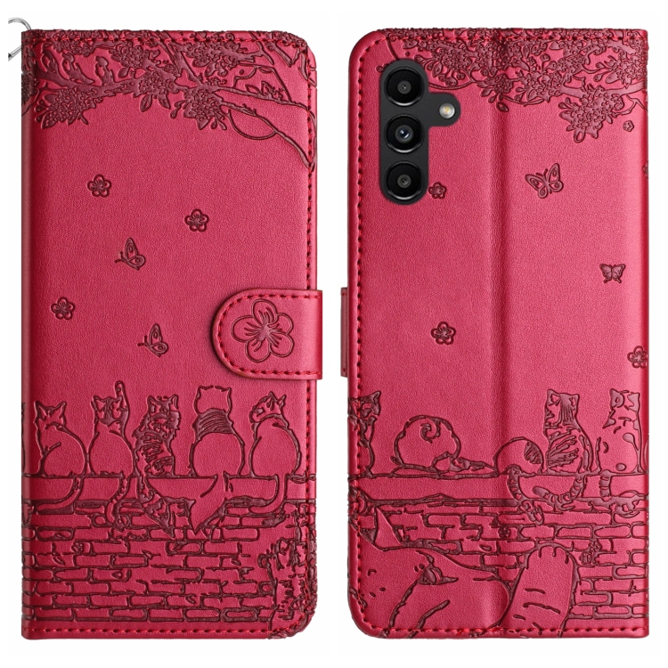

For Samsung Galaxy A35 Cat Embossing Pattern Leather Phone Case with Lanyard(Red)