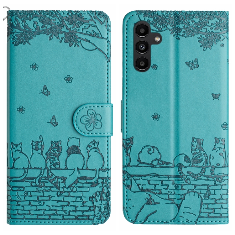 

For Samsung Galaxy A35 Cat Embossing Pattern Leather Phone Case with Lanyard(Blue)