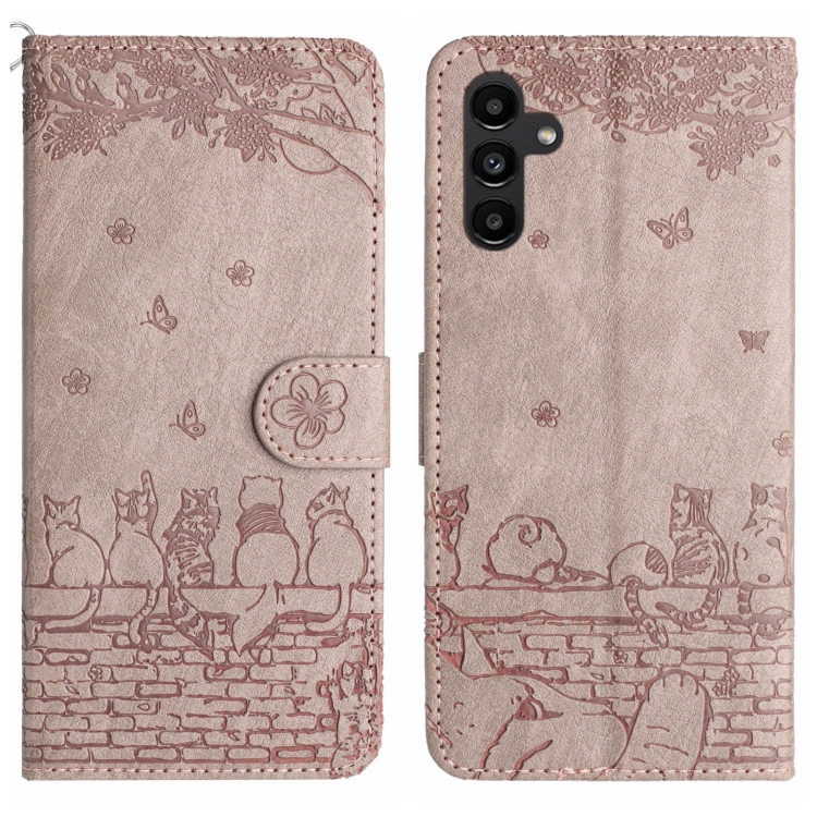 

For Samsung Galaxy A35 Cat Embossing Pattern Leather Phone Case with Lanyard(Grey)