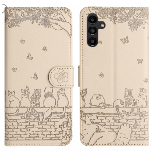 

For Samsung Galaxy A35 Cat Embossing Pattern Leather Phone Case with Lanyard(Beige)