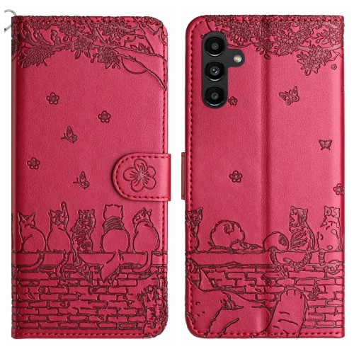 

For Samsung Galaxy A55 Cat Embossing Pattern Leather Phone Case with Lanyard(Red)