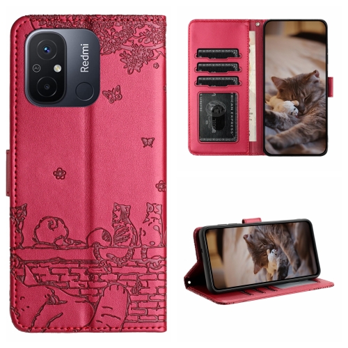 

For Xiaomi Redmi 12C / 11A Cat Embossing Pattern Leather Phone Case with Lanyard(Red)