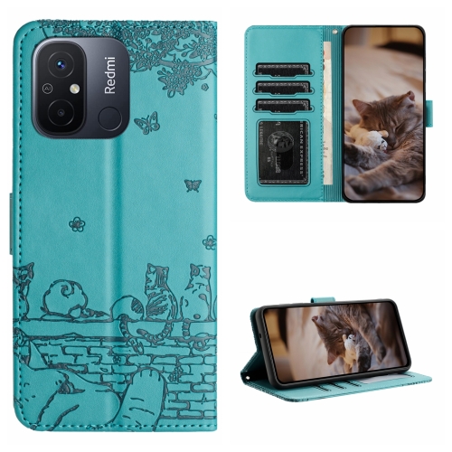 

For Xiaomi Redmi 12C / 11A Cat Embossing Pattern Leather Phone Case with Lanyard(Blue)