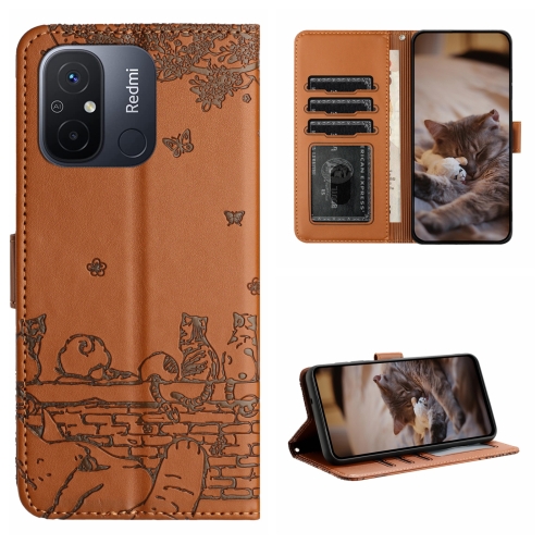 

For Xiaomi Redmi 12C / 11A Cat Embossing Pattern Leather Phone Case with Lanyard(Brown)