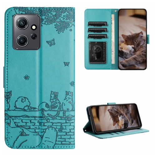 

For Xiaomi Redmi Note 12 4G Global Cat Embossing Pattern Leather Phone Case with Lanyard(Blue)