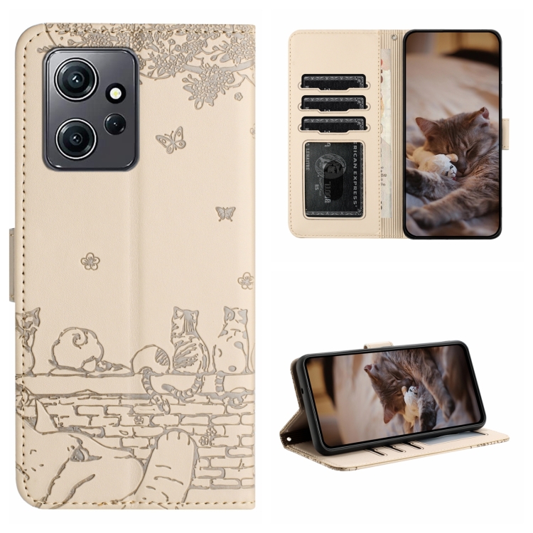 

For Xiaomi Redmi Note 12 4G Global Cat Embossing Pattern Leather Phone Case with Lanyard(Beige)