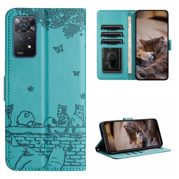 

For Xiaomi Redmi Note 11 Pro 4G/5G Global Cat Embossing Pattern Leather Phone Case with Lanyard(Blue)