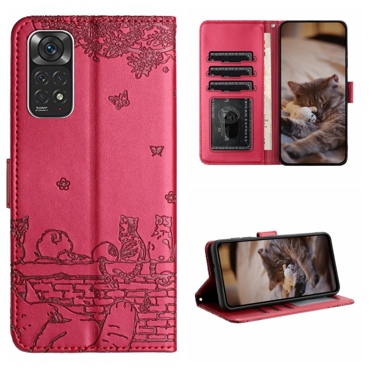 

For Xiaomi Redmi Note 11 Global Cat Embossing Pattern Leather Phone Case with Lanyard(Red)