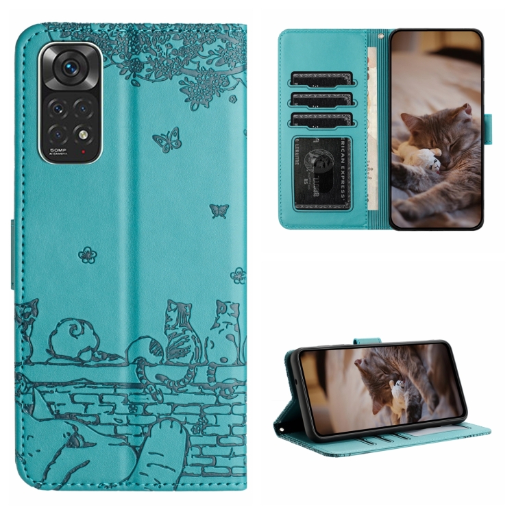 

For Xiaomi Redmi Note 11 Global Cat Embossing Pattern Leather Phone Case with Lanyard(Blue)