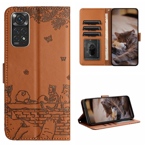 

For Xiaomi Redmi Note 11 Global Cat Embossing Pattern Leather Phone Case with Lanyard(Brown)