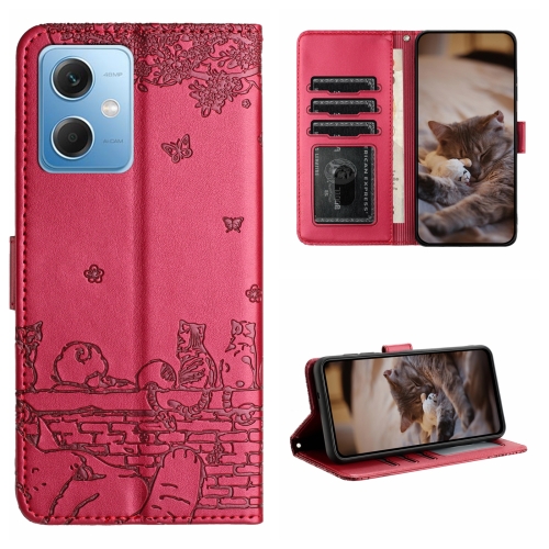 

For Xiaomi Redmi Note 12 5G India / POCO X5 Cat Embossing Pattern Leather Phone Case with Lanyard(Red)