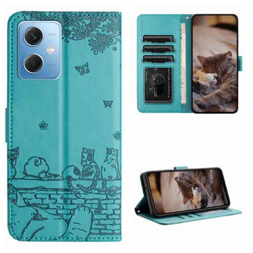 

For Xiaomi Redmi Note 12 5G India / POCO X5 Cat Embossing Pattern Leather Phone Case with Lanyard(Blue)
