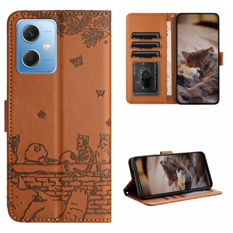 

For Xiaomi Redmi Note 12 5G India / POCO X5 Cat Embossing Pattern Leather Phone Case with Lanyard(Brown)