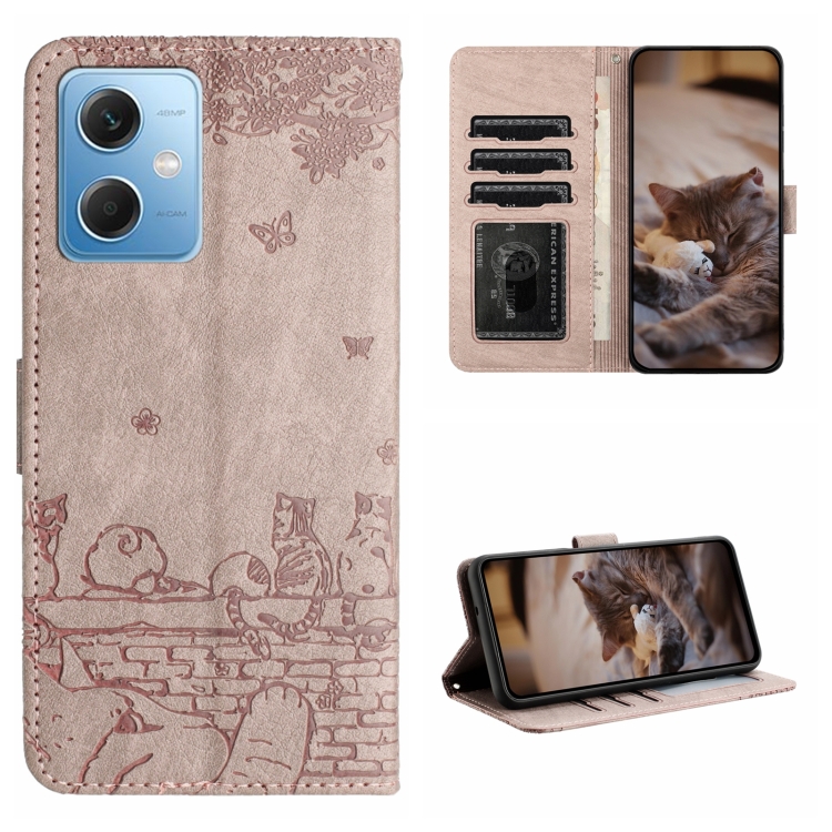 

For Xiaomi Redmi Note 12 5G India / POCO X5 Cat Embossing Pattern Leather Phone Case with Lanyard(Grey)