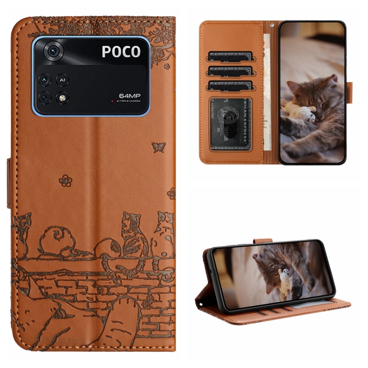 

For Xiaomi Poco M4 Pro 4G Cat Embossing Pattern Leather Phone Case with Lanyard(Brown)