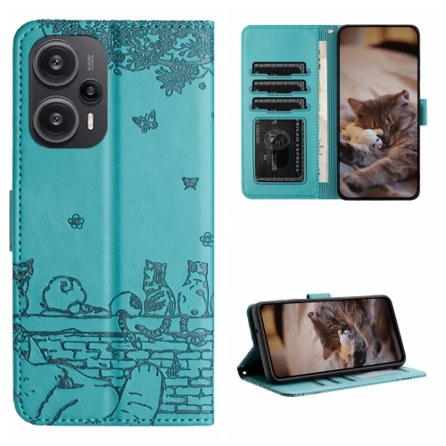 

For Xiaomi Poco F5 Cat Embossing Pattern Leather Phone Case with Lanyard(Blue)