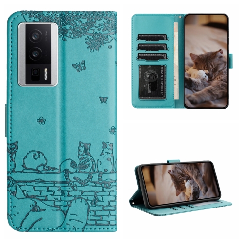 

For Xiaomi Poco F5 Pro Cat Embossing Pattern Leather Phone Case with Lanyard(Blue)