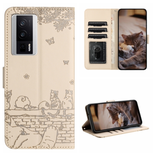 

For Xiaomi Poco F5 Pro Cat Embossing Pattern Leather Phone Case with Lanyard(Beige)