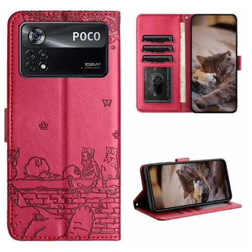 

For Xiaomi Poco X4 Pro 5G Cat Embossing Pattern Leather Phone Case with Lanyard(Red)