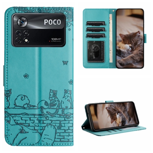 

For Xiaomi Poco X4 Pro 5G Cat Embossing Pattern Leather Phone Case with Lanyard(Blue)