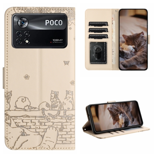 

For Xiaomi Poco X4 Pro 5G Cat Embossing Pattern Leather Phone Case with Lanyard(Beige)