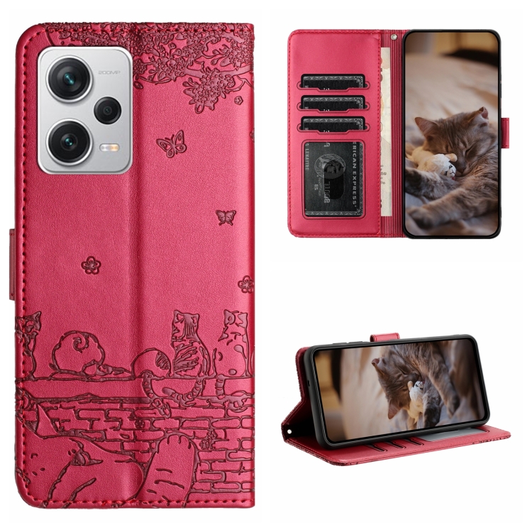 

Cat Embossing Pattern Leather Phone Case with Lanyard For Xiaomi Redmi Note 12 Pro Speed / Note 12 Pro 5G India / Poco X5 Pro (Red)
