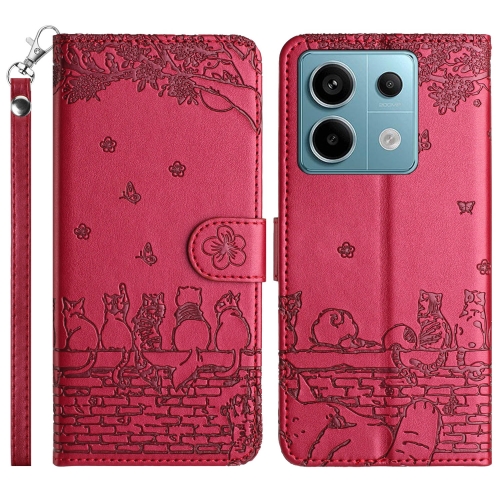 

For Xiaomi Redmi Note 13 Pro 5G Cat Embossing Pattern Leather Phone Case with Lanyard(Red)