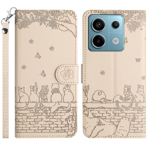 

For Xiaomi Redmi Note 13 Pro 5G Cat Embossing Pattern Leather Phone Case with Lanyard(Beige)