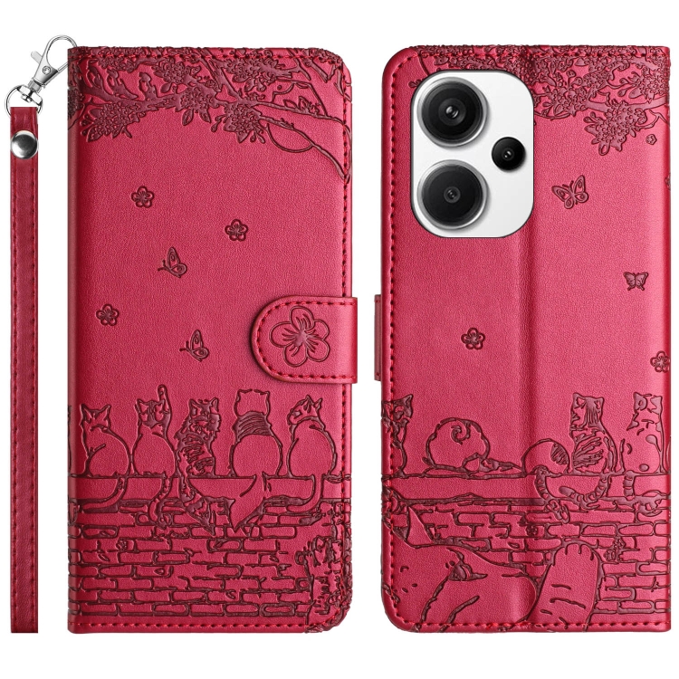 

For Xiaomi Redmi Note 13 Pro+ Cat Embossing Pattern Leather Phone Case with Lanyard(Red)