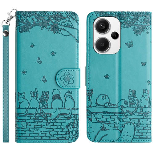 

For Xiaomi Redmi Note 13 Pro+ Cat Embossing Pattern Leather Phone Case with Lanyard(Blue)