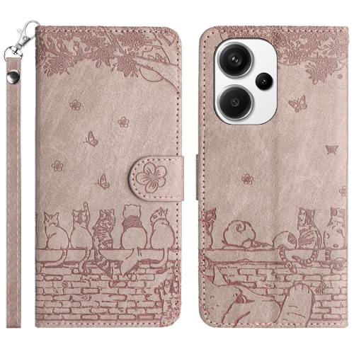 

For Xiaomi Redmi Note 13 Pro+ Cat Embossing Pattern Leather Phone Case with Lanyard(Grey)
