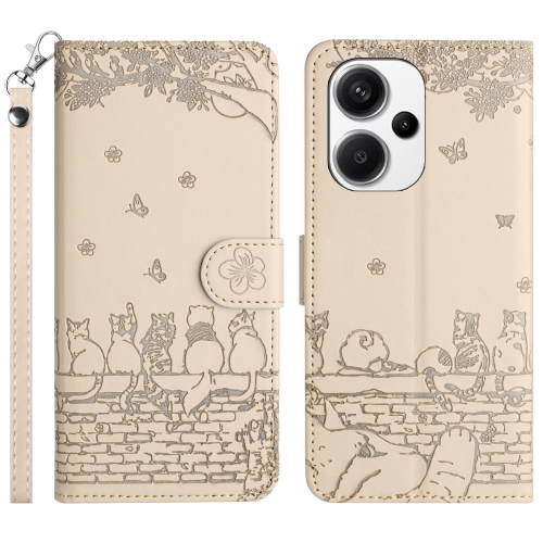 

For Xiaomi Redmi Note 13 Pro+ Cat Embossing Pattern Leather Phone Case with Lanyard(Beige)
