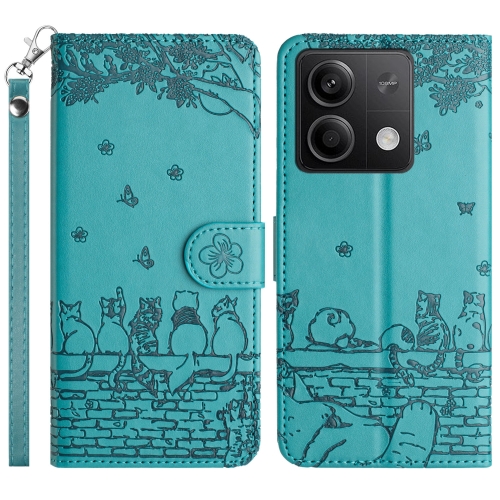 

For Xiaomi Redmi Note 13 Cat Embossing Pattern Leather Phone Case with Lanyard(Blue)