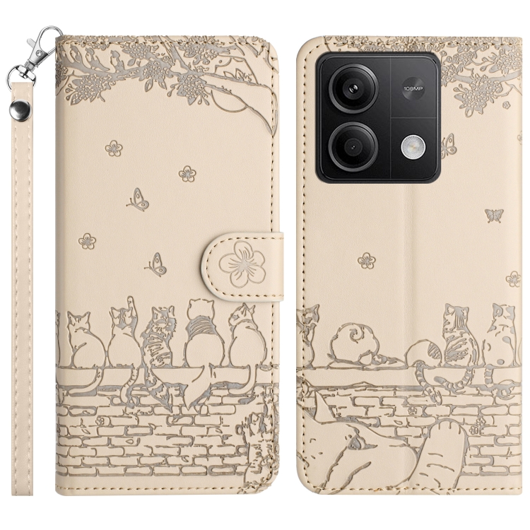 

For Xiaomi Redmi Note 13 Cat Embossing Pattern Leather Phone Case with Lanyard(Beige)