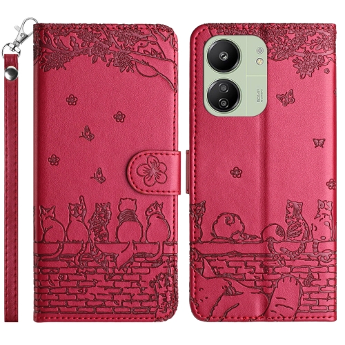 

For Xiaomi Redmi 13C 4G/5G/13R 5G Cat Embossing Pattern Leather Phone Case with Lanyard(Red)