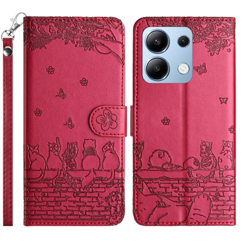 

For Xiaomi Redmi Note 13 4G Cat Embossing Pattern Leather Phone Case with Lanyard(Red)