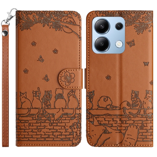 

For Xiaomi Redmi Note 13 4G Cat Embossing Pattern Leather Phone Case with Lanyard(Brown)