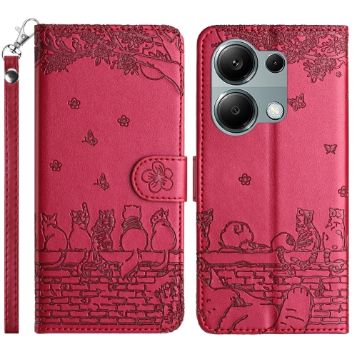 

For Xiaomi Poco M6 Pro 4G Cat Embossing Pattern Leather Phone Case with Lanyard(Red)