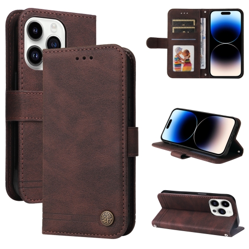 for iphone 15 plus butterfly flower pattern flip leather phone case brown For iPhone 15 Pro Skin Feel Life Tree Leather Phone Case(Brown)